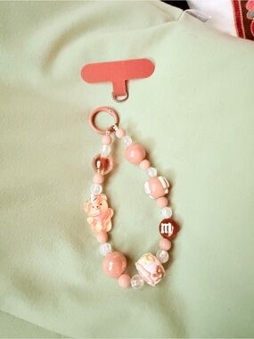 light brown Beaded Keychain or phone chain Wristlet with Cute Charm